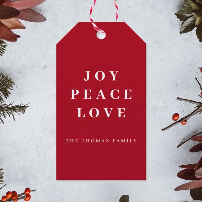 Étiquettes-cadeau Red Joy Peace Love Minimal Christmas Nom de famill (Créateur téléchargé)
