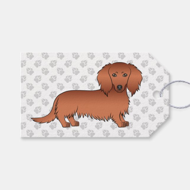 Étiquettes-cadeau Red Long Cheveux Dachshund mignonette Cartoon Chie (Devant (Horizontal))