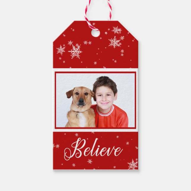 Étiquettes-cadeau Red Photo Believe | Balise blanche Snowflake (Devant)