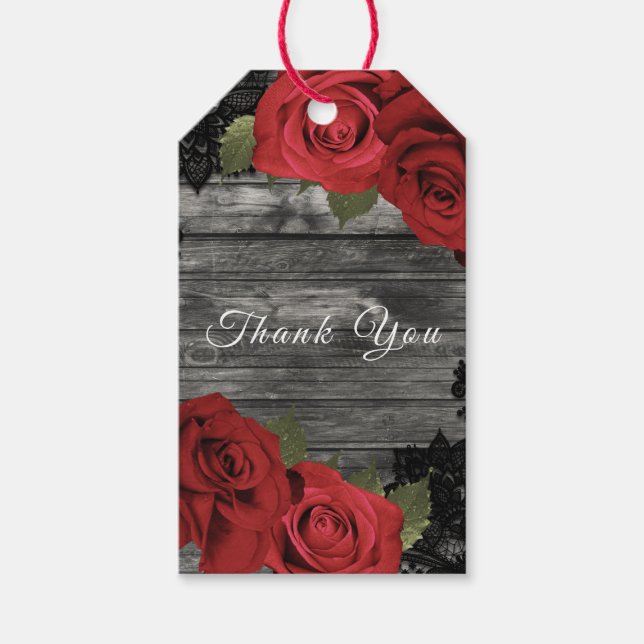 Étiquettes-cadeau Red Roses Rustique Black dentelle Mariage Faveur C (Devant)