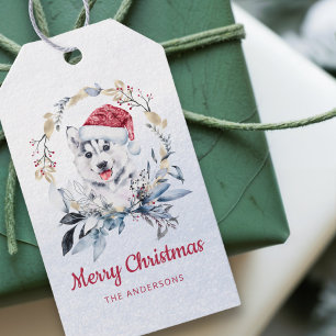 Étiquettes-cadeau Red Santa Hat Sibérien Husky Pup Vacances de la co