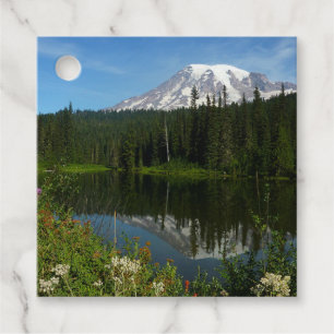 Étiquettes Cadeau Reflet du lac du mont Rainier avec des fleurs sauv