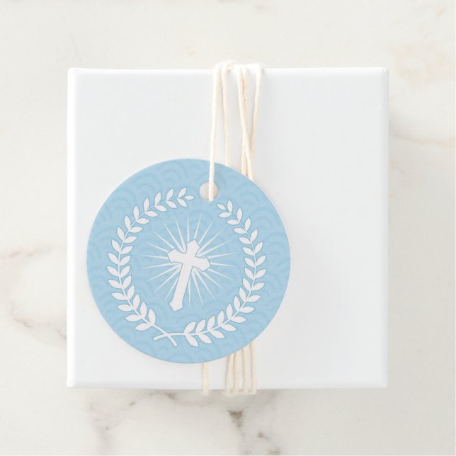 Étiquettes Cadeau Religieux de Laurel Bleu et Blanc avec Croix (En situation)
