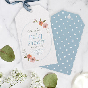 Étiquettes-cadeau Remerciement Baby Shower Bleu avec Floral Délicat