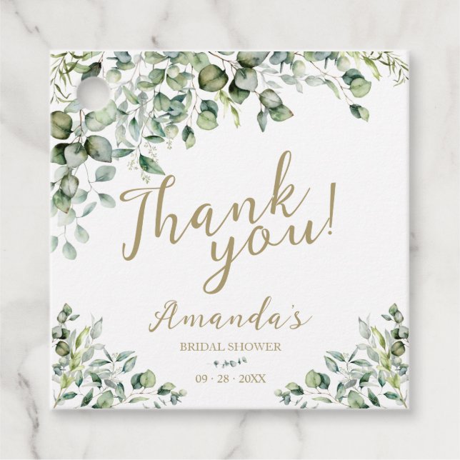 Étiquettes Cadeau Remerciement de Baby Shower de verdure dorée (Devant)