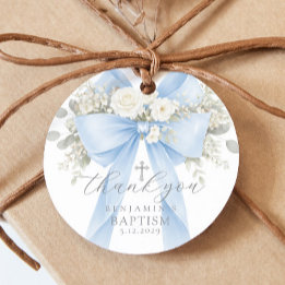 Étiquettes Cadeau Remerciement de baptême à l'arc bleu Eucalyptus
