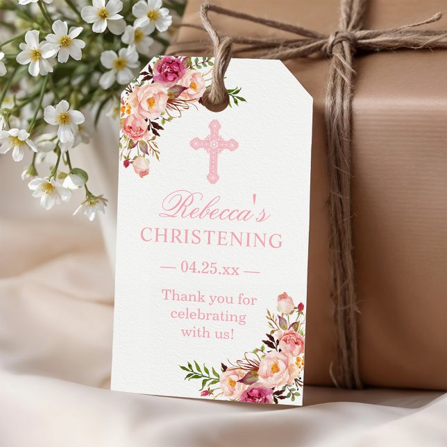 Étiquettes-cadeau Remerciement de baptême floral rose poudré (Créateur téléchargé)