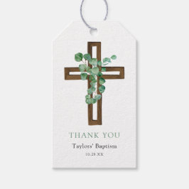 Étiquettes-cadeau Remerciement de baptême moderne Croix Eucalyptus