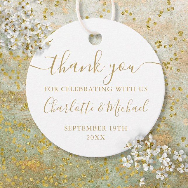Étiquettes Cadeau Remerciement de mariage à l'écriture dorée moderne (Modern Gold Script Thank You Wedding Favor Tags)
