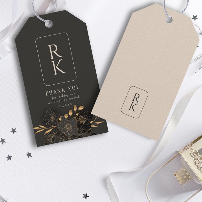 Étiquettes-cadeau Remerciement de mariage à monogramme floral or lux (Créateur téléchargé)