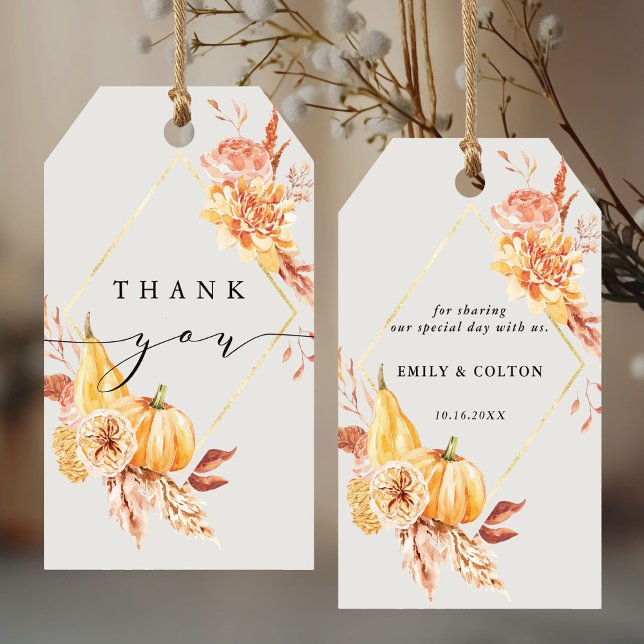 Étiquettes-cadeau Remerciement de mariage floral de citrouille d'aut (Front & Back)