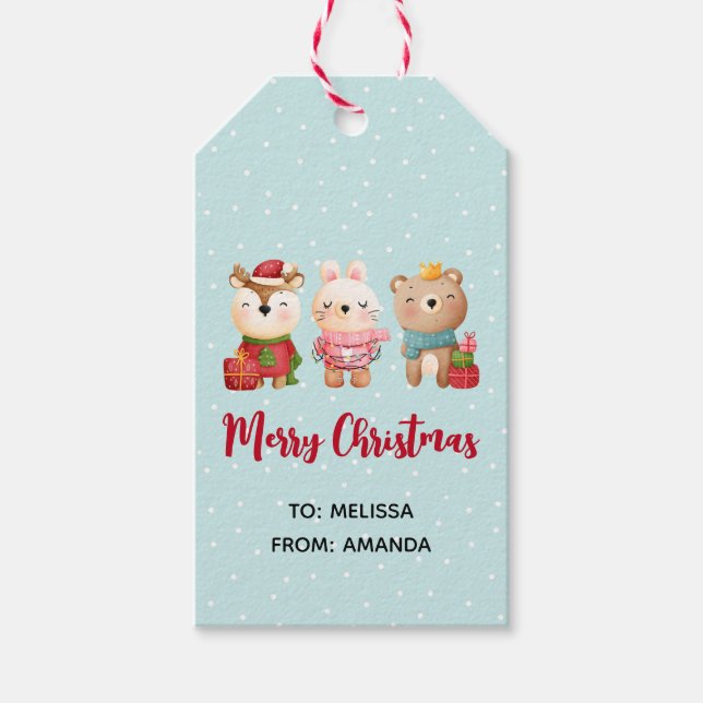 Étiquettes-cadeau Rennes, ours et lapin Joyeux Noël (Devant)