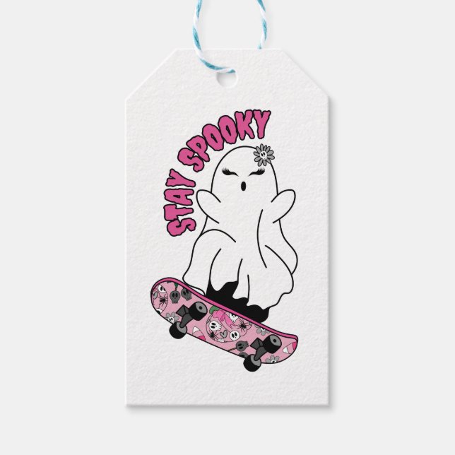 Étiquettes-cadeau "Restez Éffrayant" Fantôme sur un skateboard - Coo (Devant)