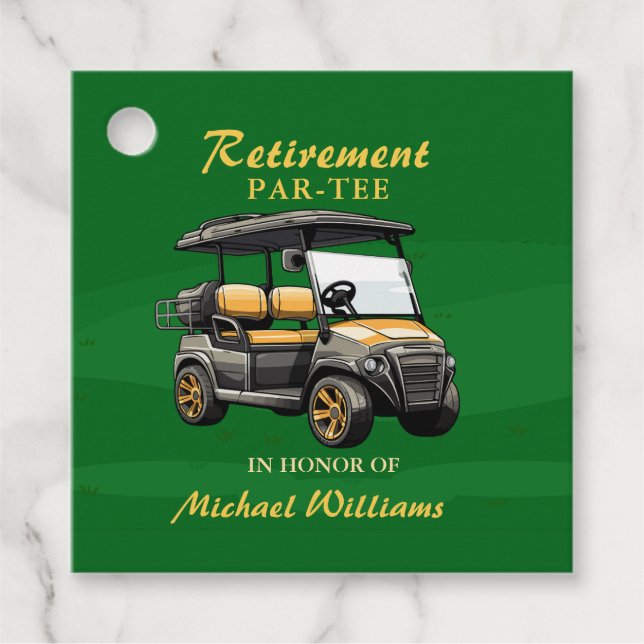 Étiquettes Cadeau Retraite Elégant Golf Thème Panier Vert Or (Devant)