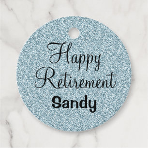 Étiquettes Cadeau Retraite Glamour Bleu Paillettes Argentées