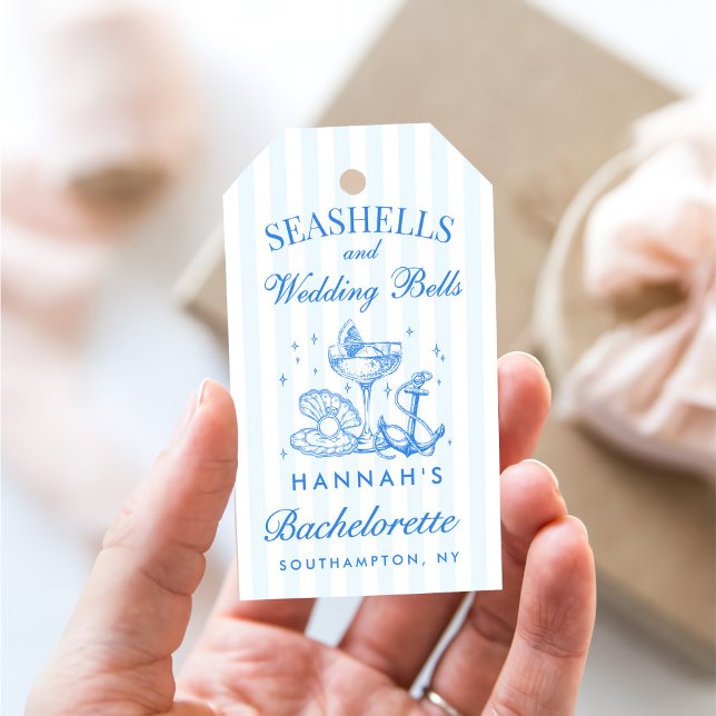Étiquettes-cadeau Retro Bleu Coquillages & Cloches de Mariage Enterr (Créateur téléchargé)