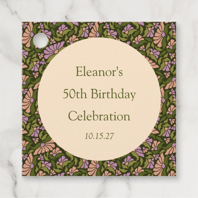 Étiquettes Cadeau Retro Boho Green Cute Floral Custom 50e anniversai (Devant)