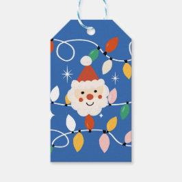Étiquettes-cadeau Retro Cute Père Noël avec Fairy Lights Blue