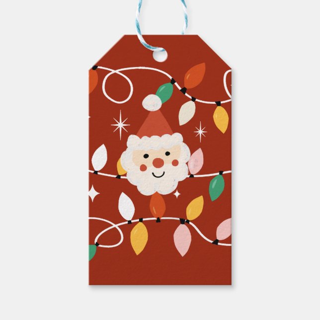 Étiquettes-cadeau Retro Cute Père Noël avec Fairy Lights Red (Devant)