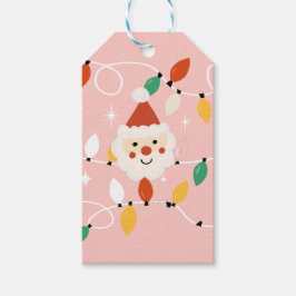 Étiquettes-cadeau Rétro Cute Père Noël avec Fairy Lights rose