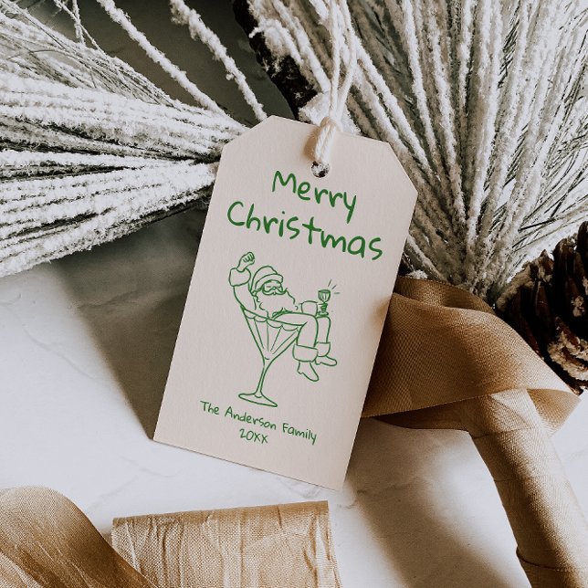 Étiquettes-cadeau Retro Drawn Green Santa Claus Merry Christmas (Créateur téléchargé)