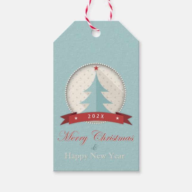Étiquettes-cadeau Retro Dusty Blue Christmas Tree découpé (Devant)
