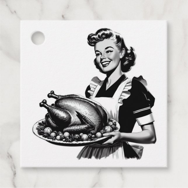 Étiquettes Cadeau Rétro Femme au foyer avec Thanksgiving Turquie (Devant)