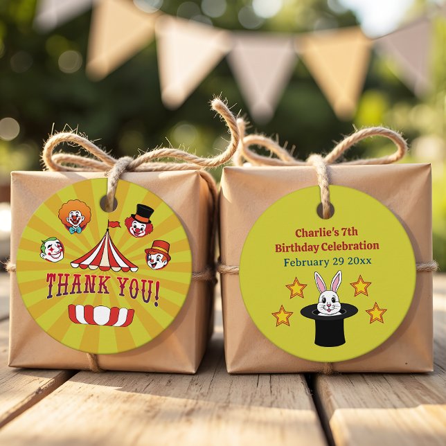 Étiquettes Cadeau Retro Jaune Grand Haut Cirque Cute Cartoon Merci (Créateur téléchargé)