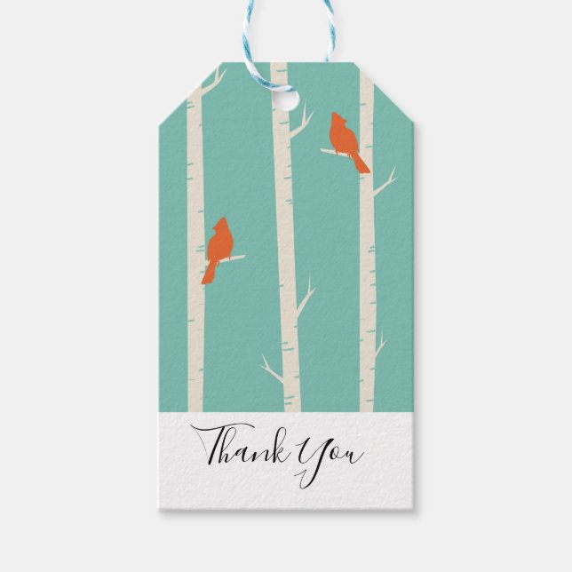 Étiquettes-cadeau Rétro Orange Birds on Birch Trees (Devant)