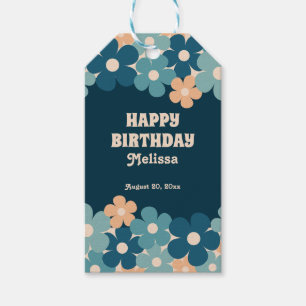 Étiquettes-cadeau Retro Peach Dark Green Boho Flower 40th Birthday