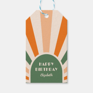 Étiquettes-cadeau Retro Sunburst Arch Typographie Anniversaire Vert