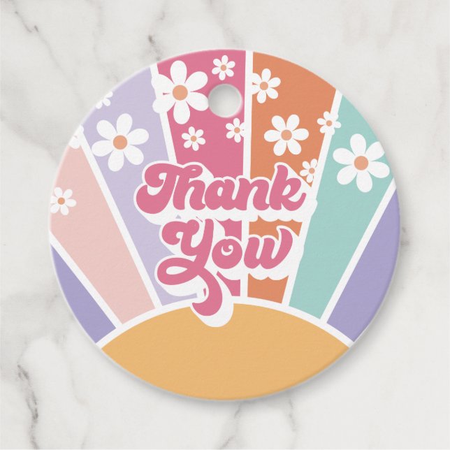 Étiquettes Cadeau Retro Sunshine Rainbow Daisy Merci (Devant)