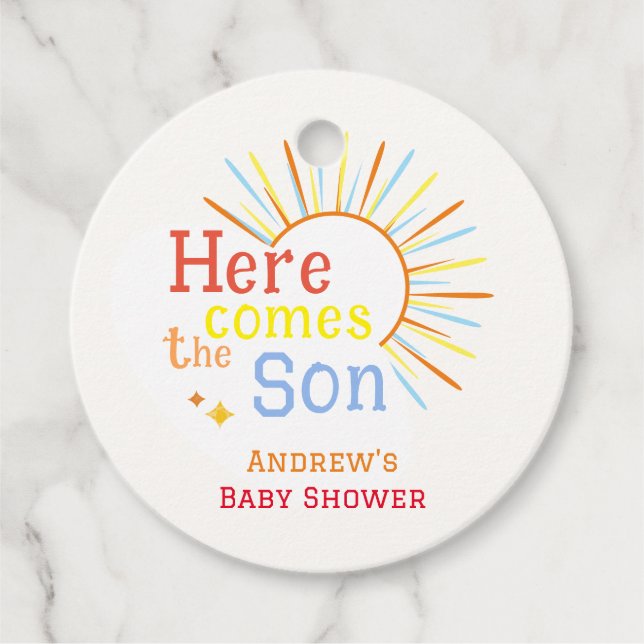 Étiquettes Cadeau Retro Sunshine Voici Le Baby shower Fils (Devant)