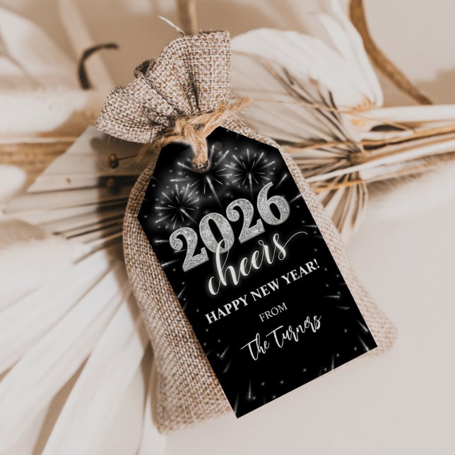 Étiquettes-cadeau Réveillon du Nouvel An 2026 Fête Argent & Noir (Créateur téléchargé)