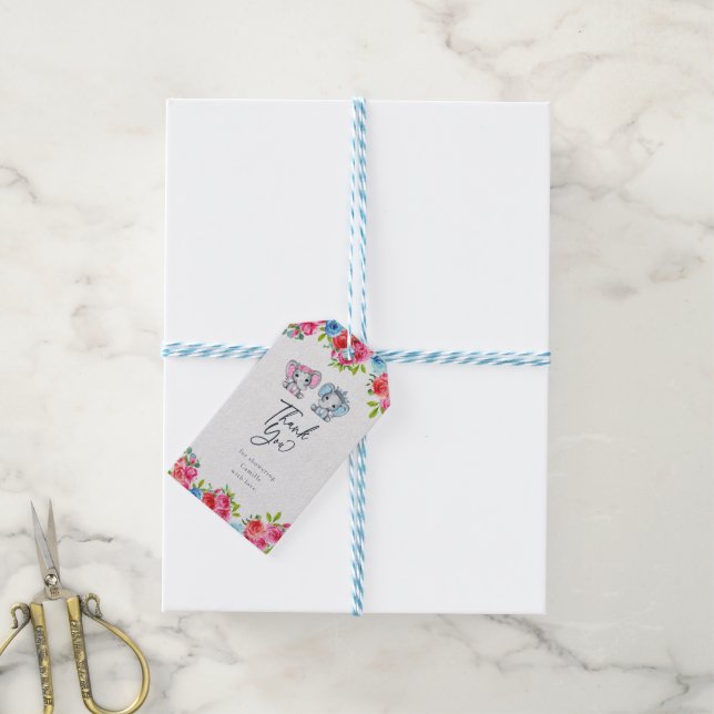 Étiquettes-cadeau Révélation du sexe Éléphant Roses Merci (Avec de laficelle)
