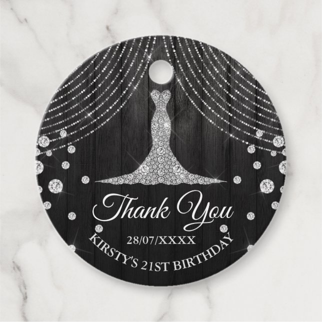 Étiquettes Cadeau Robe Diamant Noir Argent Anniversaire (Devant)