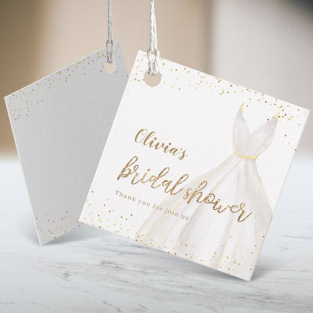 Étiquettes Cadeau Robe élégante à paillettes dorées pour Baby Shower (Gold Glitter Elegant Dress Bridal Shower Favor Tags)
