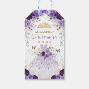 Étiquettes-cadeau Robe princesse Quinceanera florale violette Couron