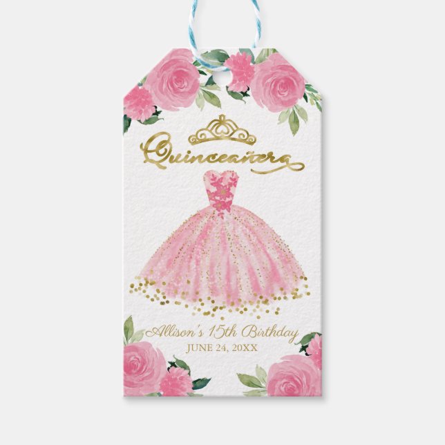Étiquettes-cadeau Robe rose chaude Quinceanera (Devant)