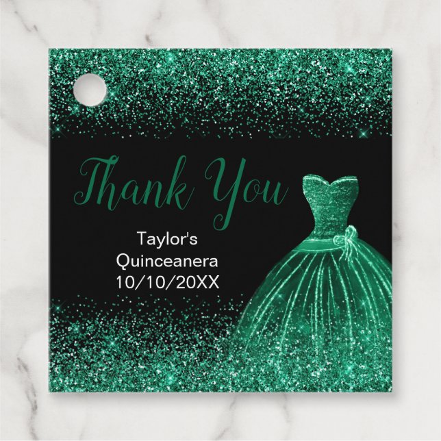 Étiquettes Cadeau Robe Vert foncé Faux Parties scintillant Quinceane (Devant)