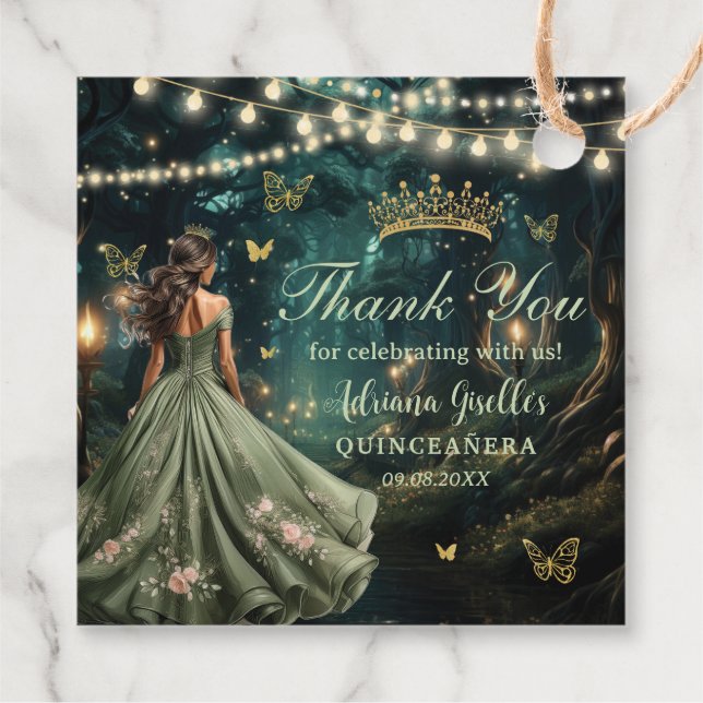 Étiquettes Cadeau Robe verte Enchanté Forêt Sage Or Quinceañera (Dos)