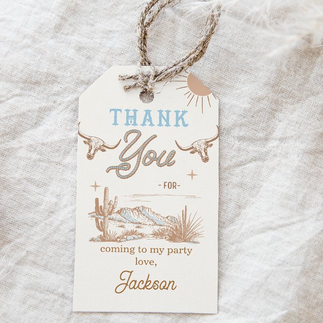 Étiquettes-cadeau Rodéo Vintage bleu Merci (Blue Vintage Rodeo Birthday Thank You Tag, Wild West Western Birthday Thank You Tags, Western Desert)