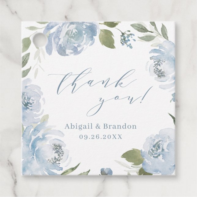 Étiquettes Cadeau Romantique bleu poussiéreux floral merci mariage (Devant)