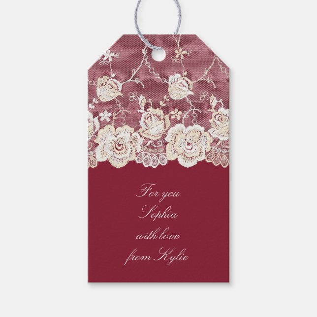 Étiquettes-cadeau Romantique Crème rouge Blanche dentelle Mariage fl (Devant)