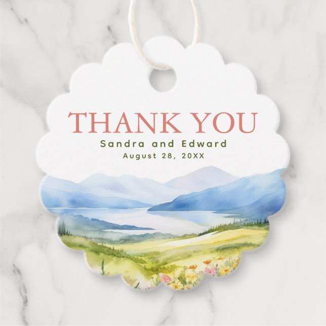 Étiquettes Cadeau Romantique Montagnes Fleurs sauvages Merci Mariage (Devant)
