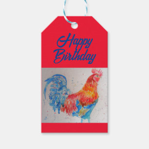 Étiquettes-cadeau Rooster Rouge aquarelle peinture Joyeux anniversai