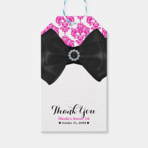 Étiquettes-cadeau Rose Chaude & Blanc Damassé Nœud Glamour Douce Fêt
