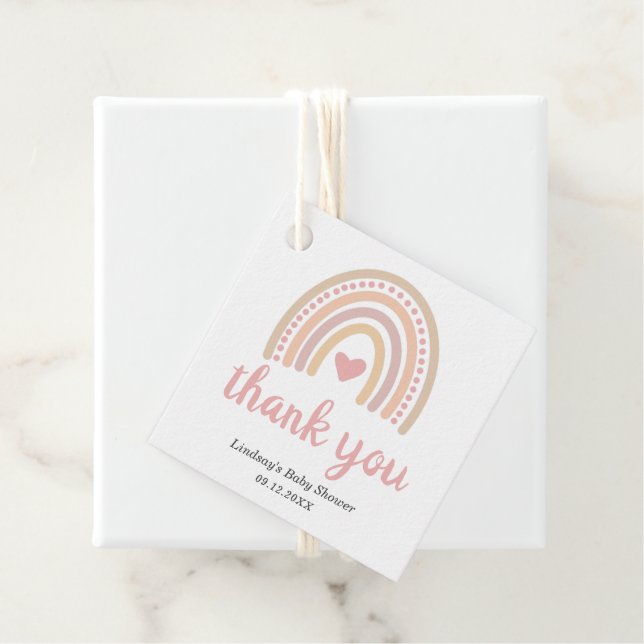 Étiquettes Cadeau Rose Coeur mignon fille Boho Baby shower arc-en-ci (En situation)