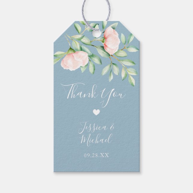 Étiquettes-cadeau Rose d'aquarelle Merci Mariage bleu Dusty (Devant)