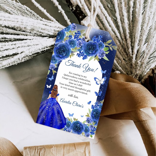 Étiquettes-cadeau Rose d'argent bleu Quinceanera Anniversaire (Créateur téléchargé)